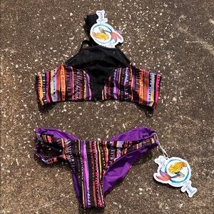 Salty Mermaid  Multi-Color Halter Bikini Set - Purple Accents. NWT. SIZE MEDIUM